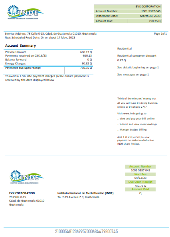 INDE Instituto Nacional De Electrificacion electricity utility business bill, SCR PSD template